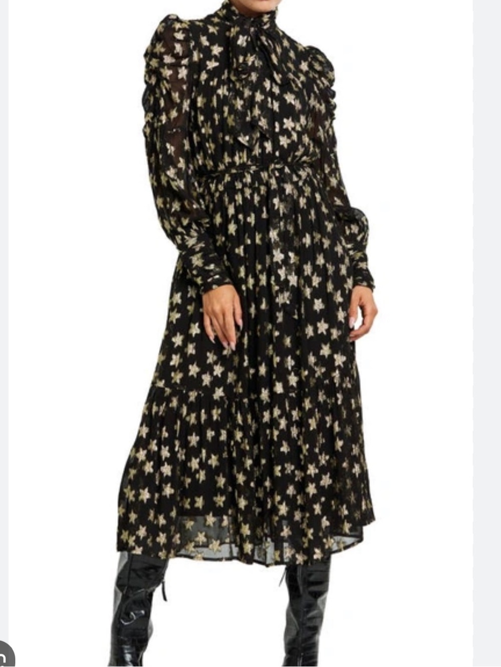 CIEBON Adelle Metallic Gold Star Print Tiered Belted Midi Dress Black CB